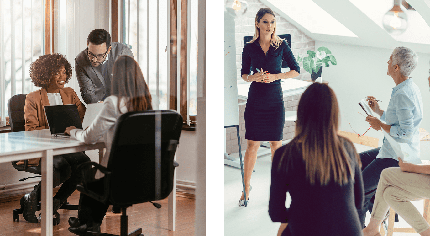 Office meeting and presentation in progress.