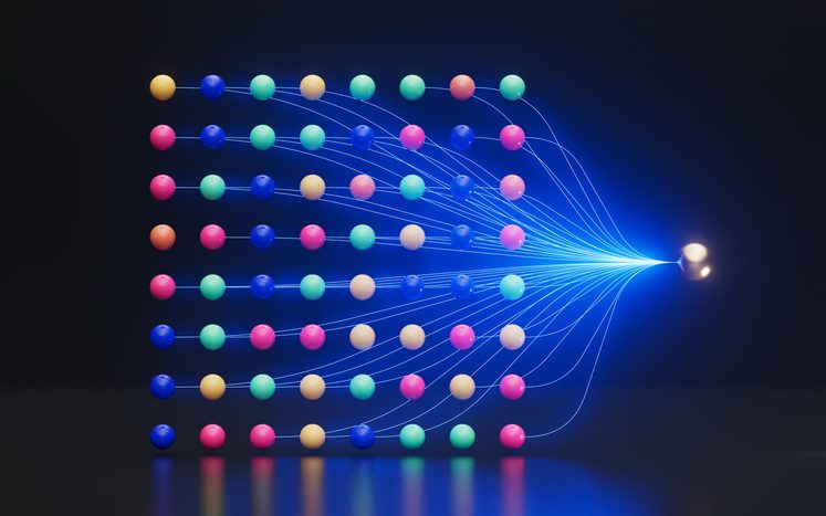 Colorful spheres connected by blue glowing lines, symbolizing data flow.