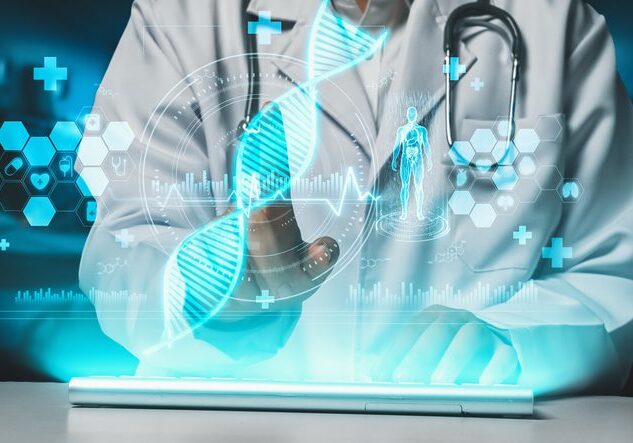 A doctor interacting with a digital DNA and heartbeat interface.